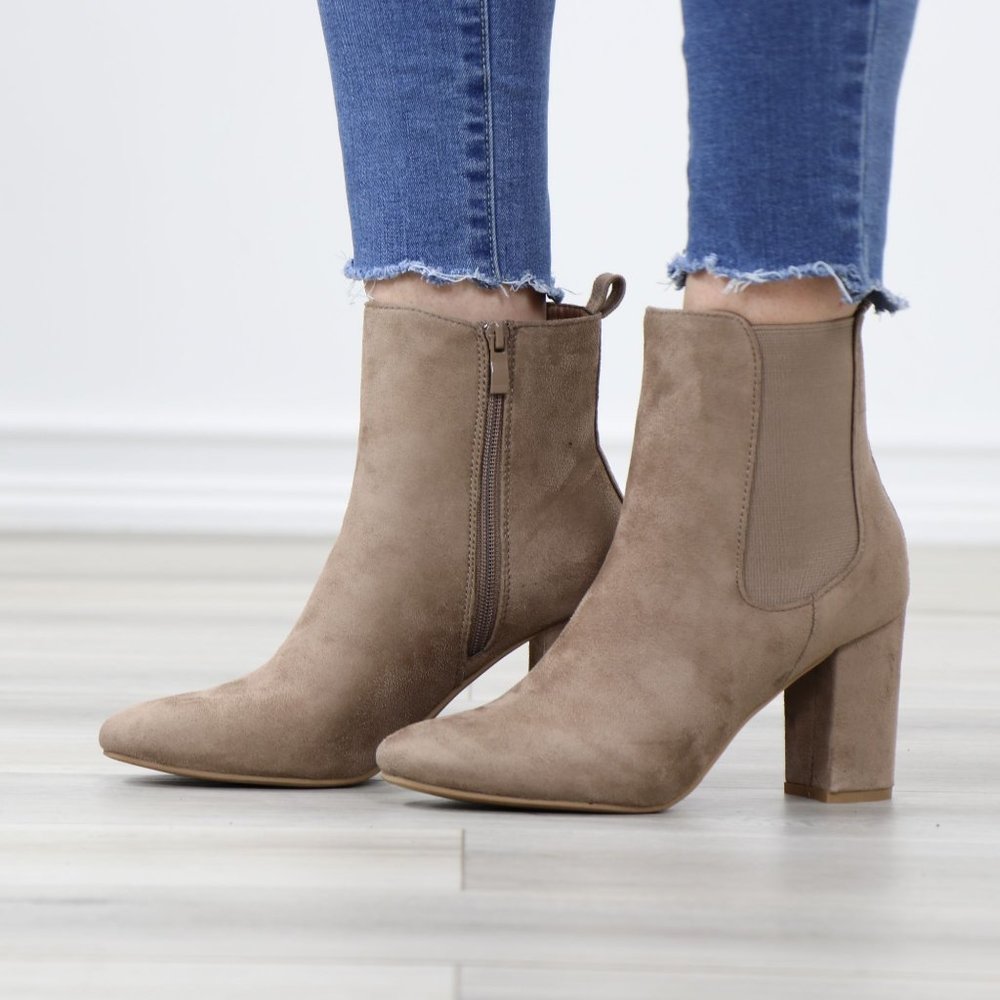 Taupe Suede Chelsea Round Toe Block High Heel Above Ankle Boots - Picture 12 of 12